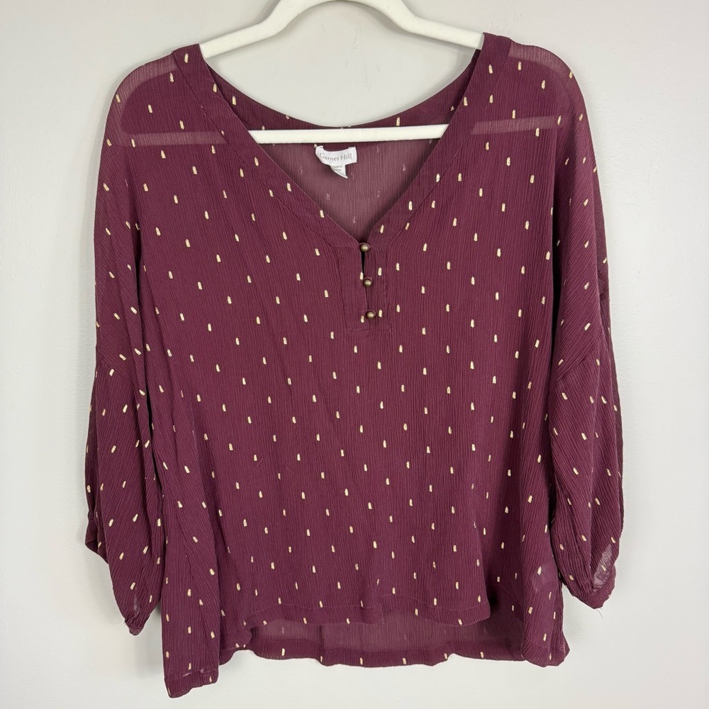 Garnett Hill Silk Top Womens 14 Burgundy Red V-Neck 3/4 Sleeve Gold Button Sheer